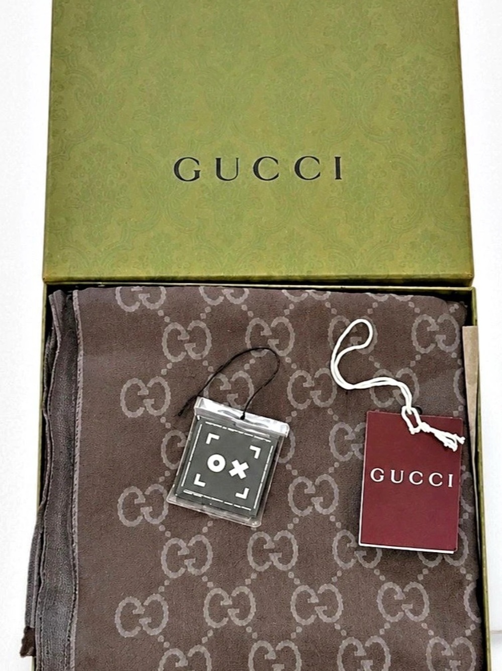 Gucci GG Jacquard Wool Silk Scarf Brown & Gray